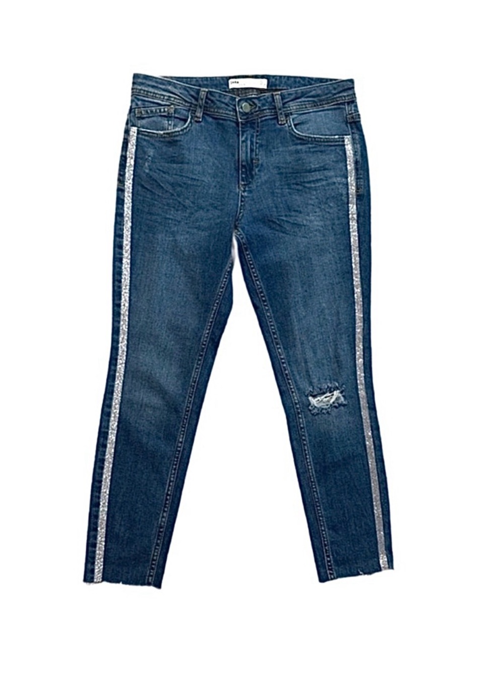 ZARA ~ Blue Distressed Medium Wash Skinny Jeans with Silver Tuxedo Stripe size 8